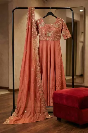 Peach embroidered anarkali set