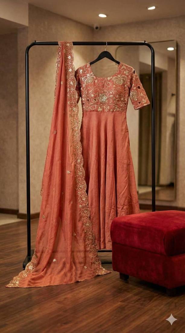 Peach embroidered anarkali set
