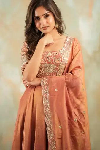 Peach embroidered anarkali set