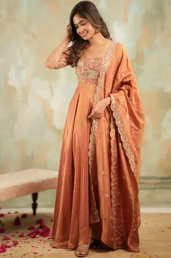 Peach embroidered anarkali set