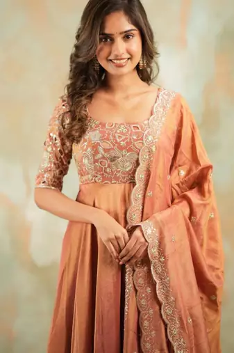 Peach embroidered anarkali set