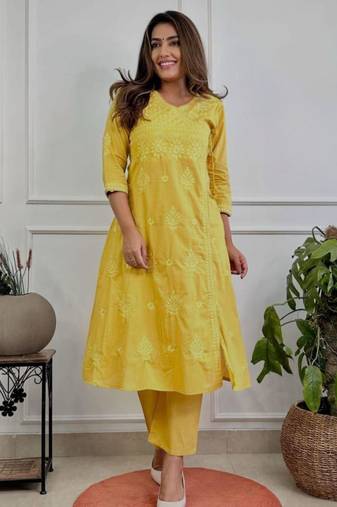 Mustard yellow embroidered kurta