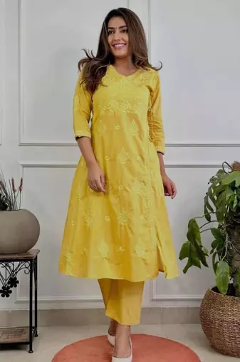 Mustard yellow embroidered kurta