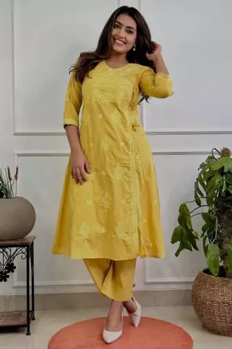 Mustard yellow embroidered kurta