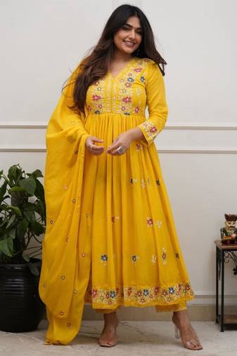 yellow flared kurta set