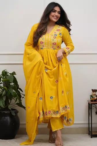 yellow flared kurta set