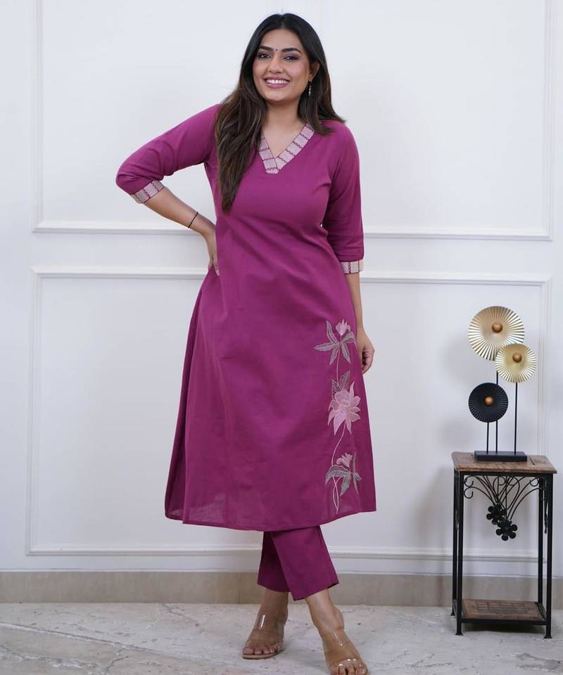 Rani-pink embroidered kurta
