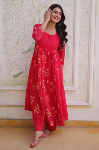 Red embroidered anarkali set