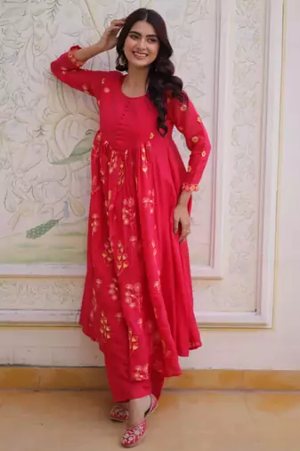 Red embroidered anarkali set