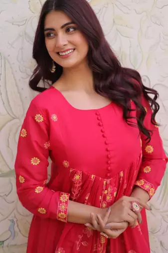 Red embroidered anarkali set