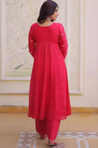 Red embroidered anarkali set