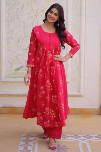 Red embroidered anarkali set