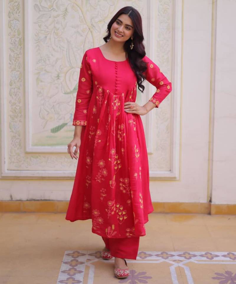 Red embroidered anarkali set