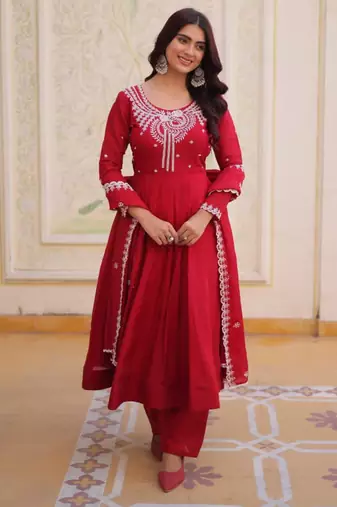 red embroidered flared kurta set