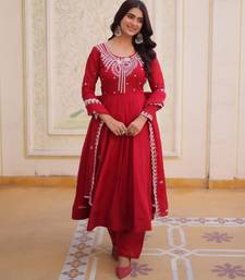 red embroidered flared kurta set