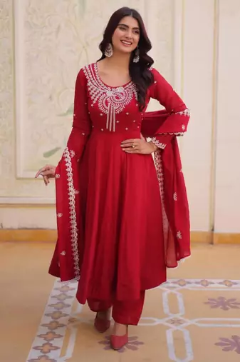 red embroidered flared kurta set