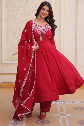 red embroidered flared kurta set