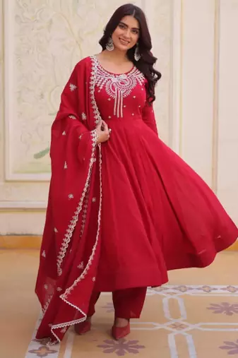 red embroidered flared kurta set