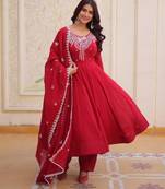 red embroidered flared kurta set