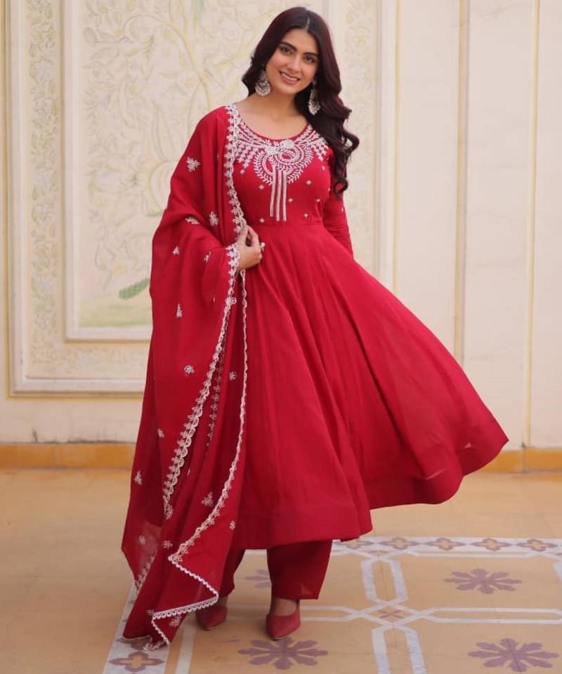 red embroidered flared kurta set