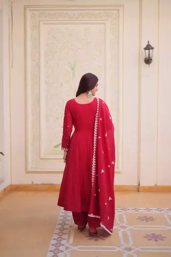 red embroidered flared kurta set