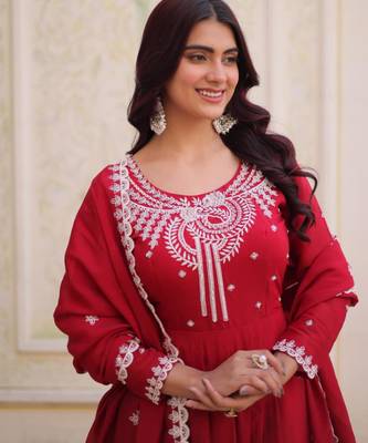 red embroidered flared kurta set 5