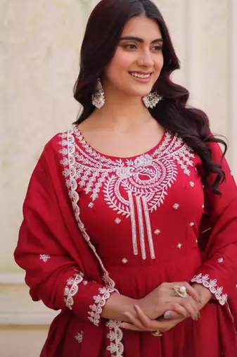 red embroidered flared kurta set