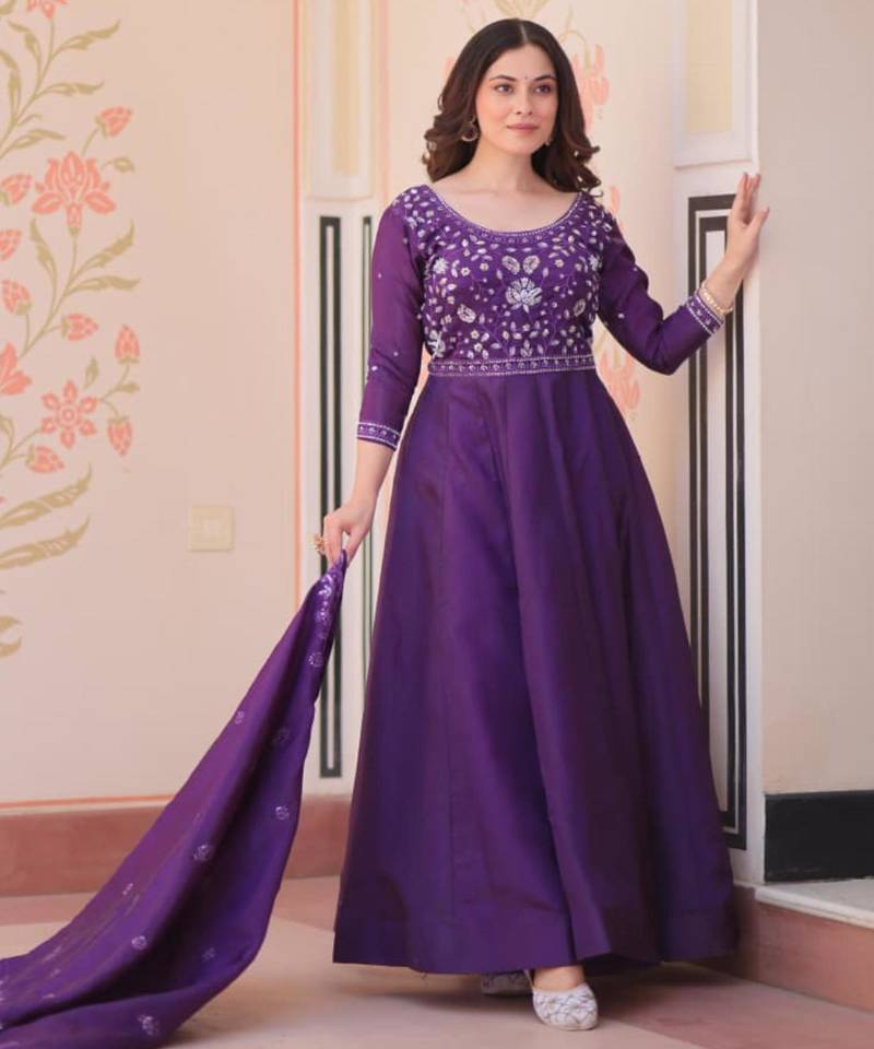 Purple embroidered anarkali set