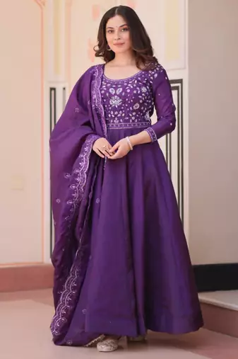Purple embroidered anarkali set