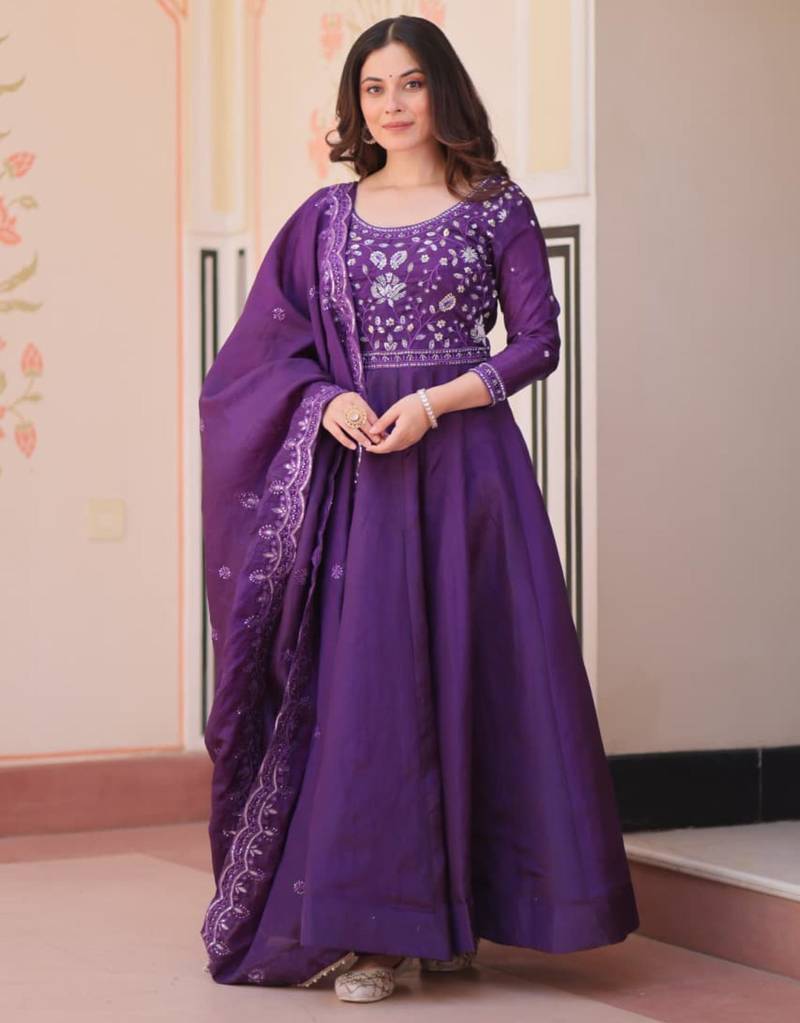 Purple embroidered anarkali set