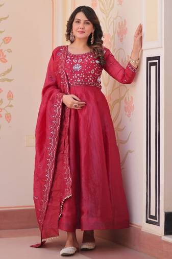 Red embroidered anarkali set
