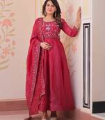 Red embroidered anarkali set