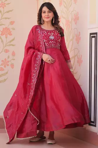 Red embroidered anarkali set