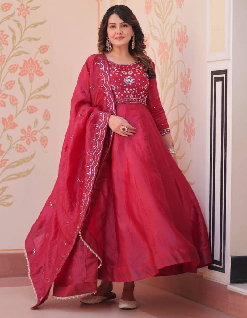 Red embroidered anarkali set