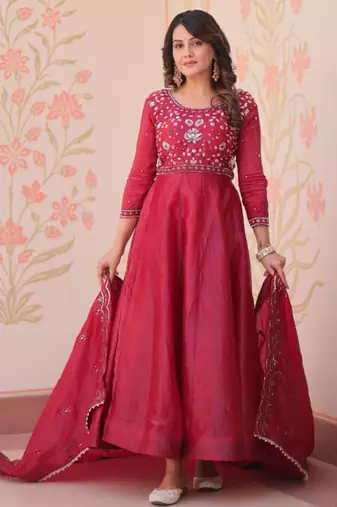 Red embroidered anarkali set