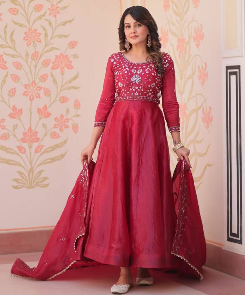 Red embroidered anarkali set