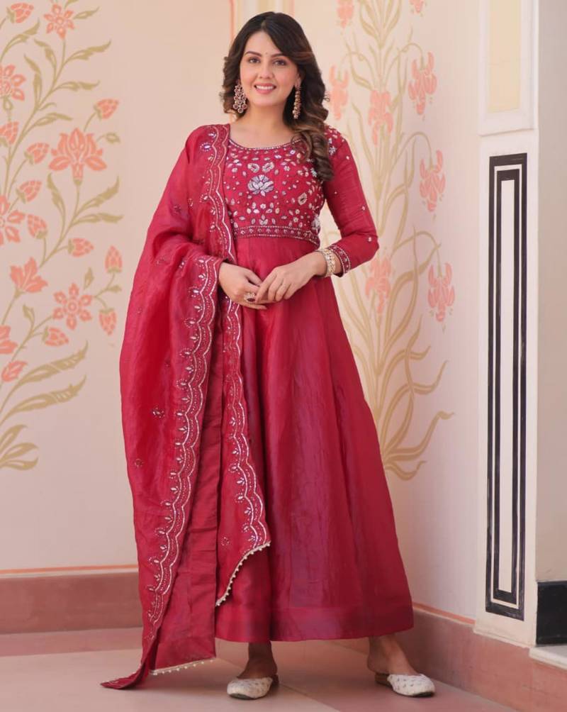 Red embroidered anarkali set