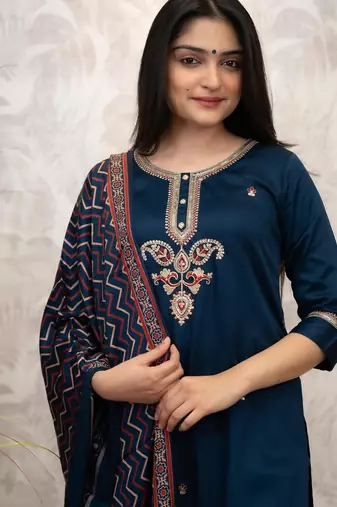 Navy blue embroidered kurta set with dupatta
