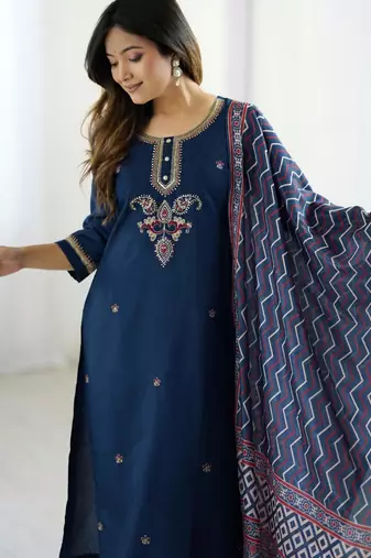 Navy blue embroidered kurta set with dupatta