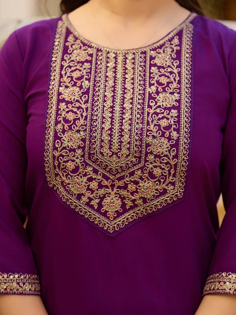 purple embroidered kurta set