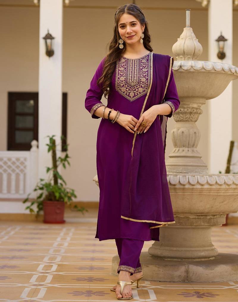 purple embroidered kurta set