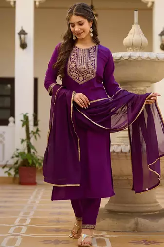 purple embroidered kurta set