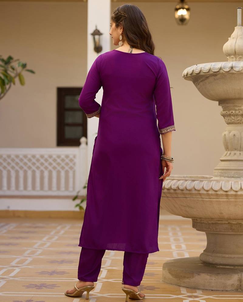 purple embroidered kurta set