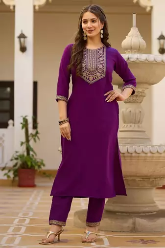 purple embroidered kurta set