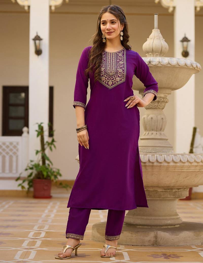 purple embroidered kurta set