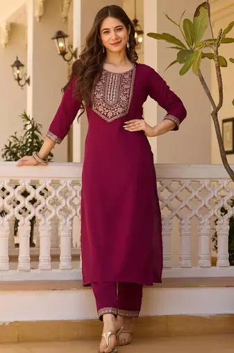 maroon embroidered kurta set