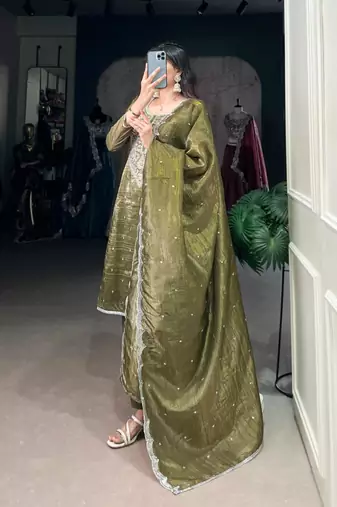 olive embroidered kurta set