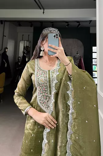 olive embroidered kurta set