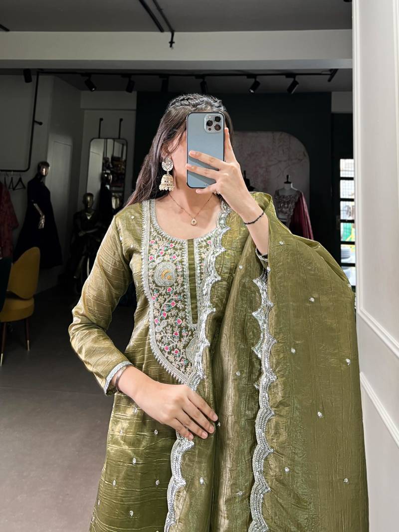 olive embroidered kurta set