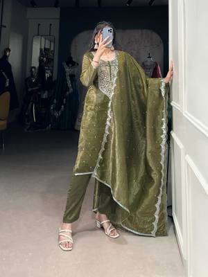 olive embroidered kurta set 1